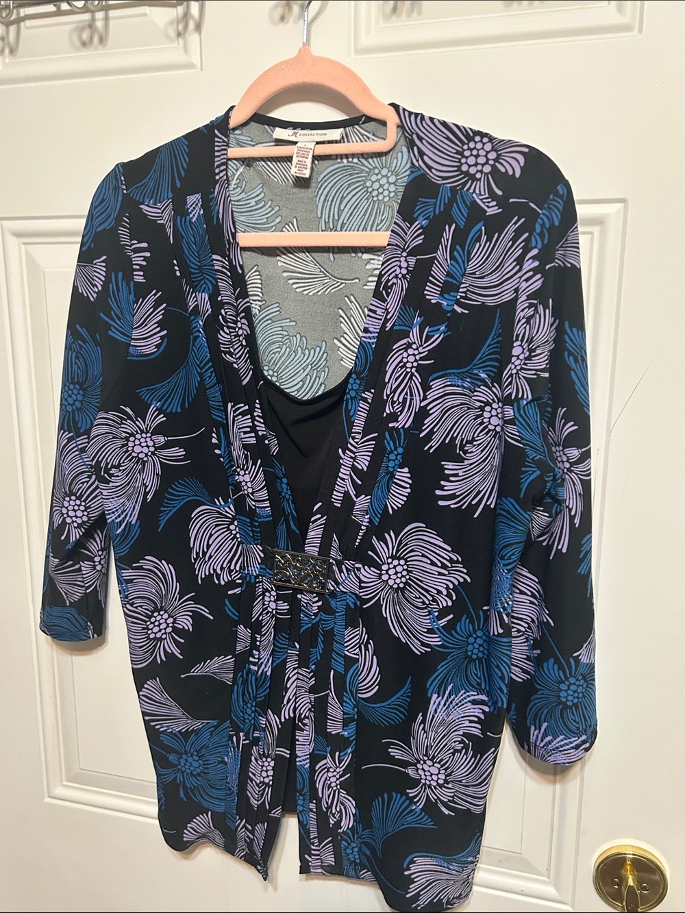 Floral Open-Front Tunic Cardigan in Black with Blue & Purple Print